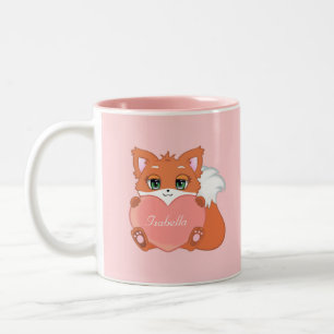 Cute Little Fox Holding een hart op roze Tweekleurige Koffiemok