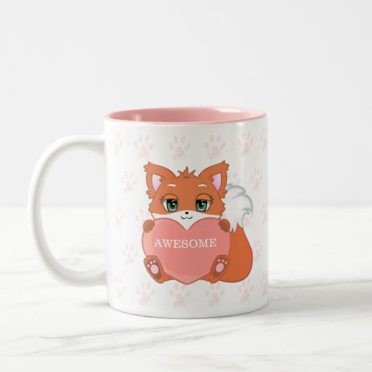 Cute Little Fox Holding een Heart & Paw Pattern Tweekleurige Koffiemok (Links)