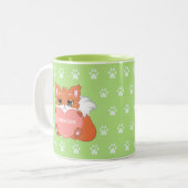 Cute Little Fox Holding een Heart & Paw Pattern Tweekleurige Koffiemok (Voorkant links)