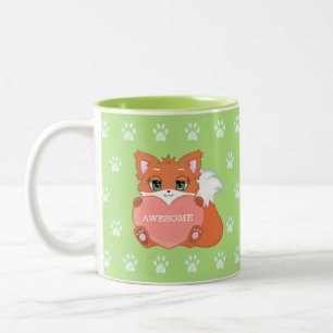 Cute Little Fox Holding een Heart & Paw Pattern Tweekleurige Koffiemok