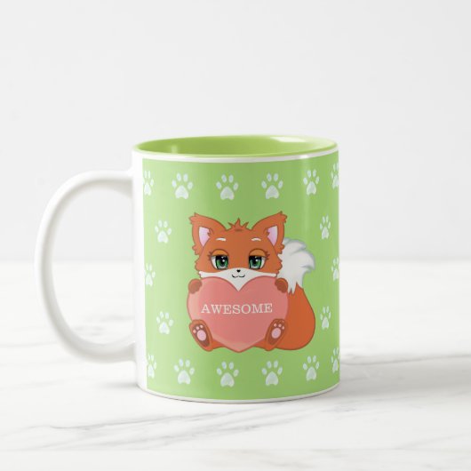 Cute Little Fox Holding een Heart & Paw Pattern Tweekleurige Koffiemok (Links)