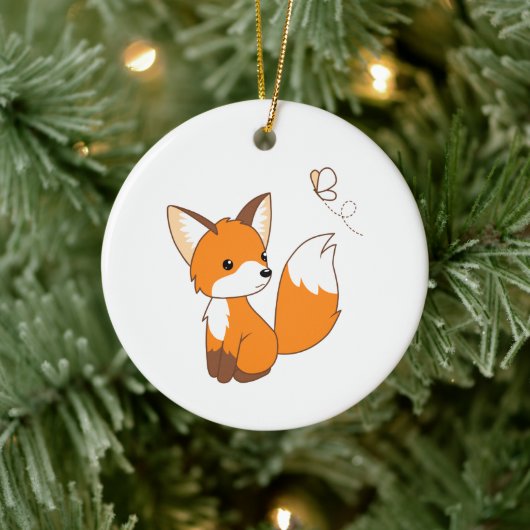 Cute Little Fox Watching Butterfly Keramisch Ornament (Boom)