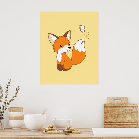 Cute Little Fox Watching Butterfly Poster (Keuken)