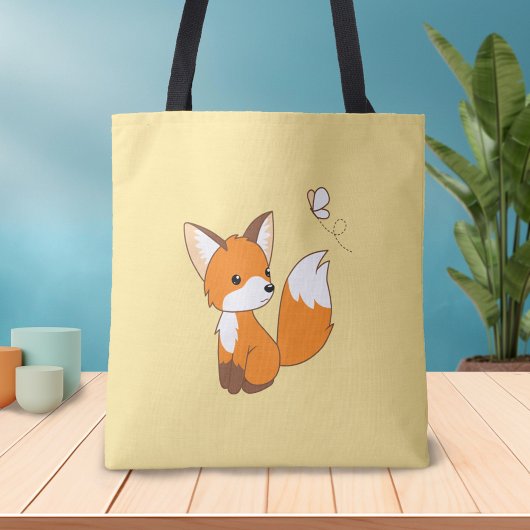 Cute Little Fox Watching Butterfly Tote Bag