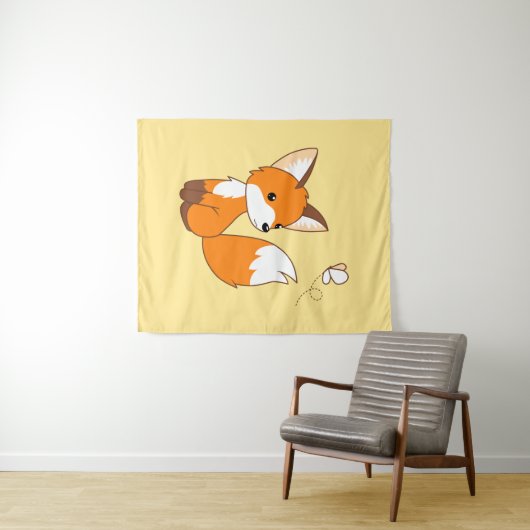 Cute Little Fox Watching Butterfly Wandkleed (In Situ (horizontaal))