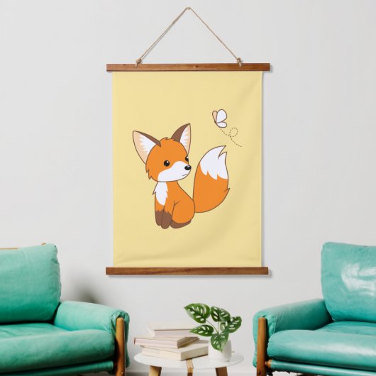 Cute Little Fox Watterfly Yellow Hangend Wandkleed (Woonkamer)