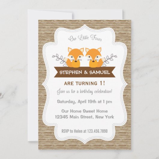 Cute Little Foxes Birthday Invitation Woodland Kaart (Voorkant)