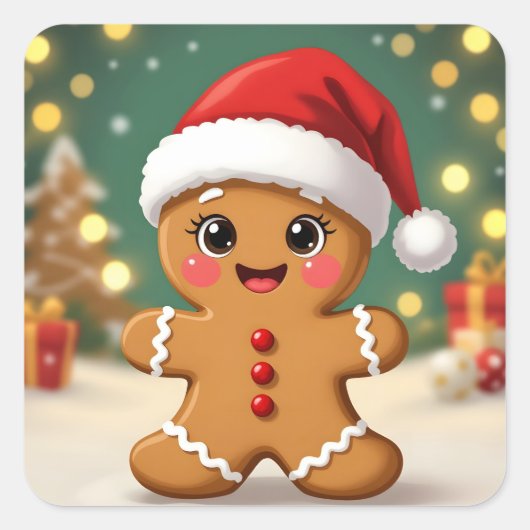 Cute little gingerbread man with Christmas hat Vierkante Sticker (Voorkant)