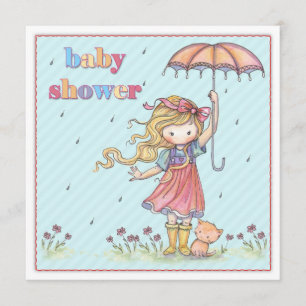 Cute Little Girl en Kitten Baby Shower Uitnodiging