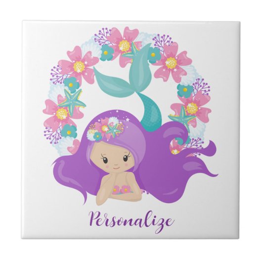 Cute Little Girl Mermaid Purple Pink Personalized Tegeltje (Voorkant)