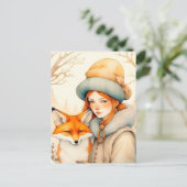 Cute Little Girl With Fox Chritmas Briefkaart (Staand voorkant)
