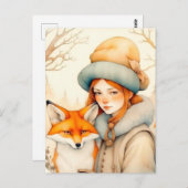 Cute Little Girl With Fox Chritmas Briefkaart (Voorkant / Achterkant)