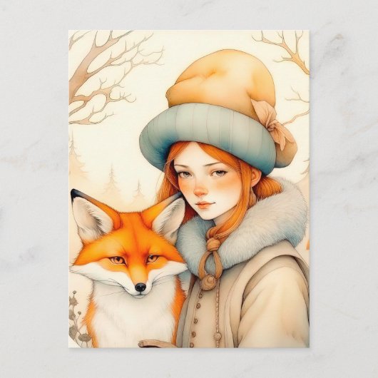 Cute Little Girl With Fox Chritmas Briefkaart (Voorkant)