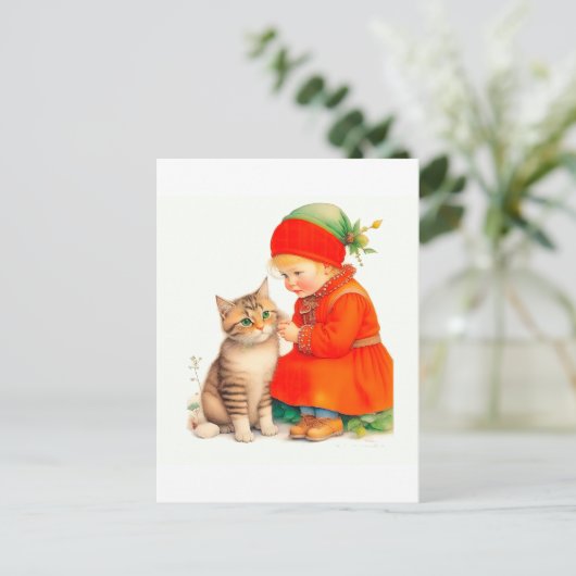 Cute Little Girl With Kitten Chritmas  Briefkaart (Staand voorkant)