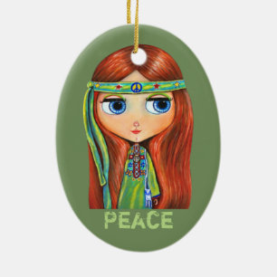 Cute Little Green Hippie Girl Peace Sign Keramisch Ornament