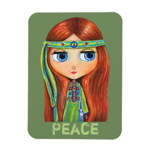 Cute Little Green Hippie Girl Peace Sign Magneet