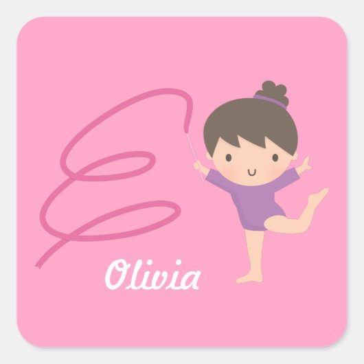 Cute Little Gymnast Girl en Ribbon Gymnastics Vierkante Sticker (Voorkant)