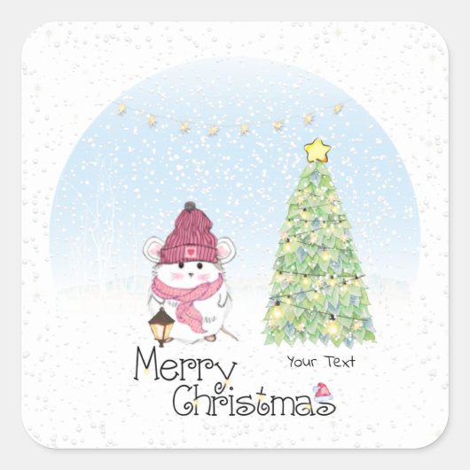 Cute Little Hamster Merry Kerstmis Vierkante Sticker (Voorkant)
