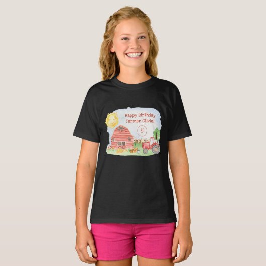 Cute Little Kinderen Happy Birthday Farmer Girl T-shirt (Voorkant volledig)