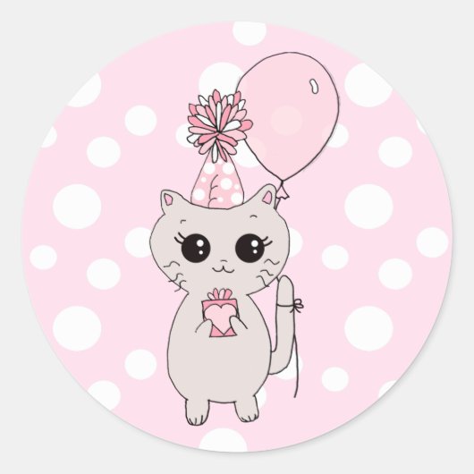 Cute Little Kitten holding Birthday Gift Balloon Ronde Sticker (Voorkant)