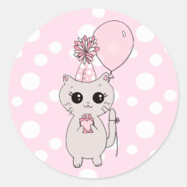 Cute Little Kitten holding Birthday Gift Balloon Ronde Sticker