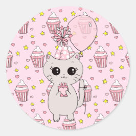 Cute Little Kitten holding Birthday Gift Balloon Ronde Sticker