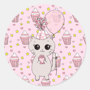 Cute Little Kitten holding Birthday Gift Balloon Ronde Sticker
