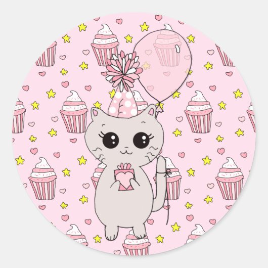 Cute Little Kitten holding Birthday Gift Balloon Ronde Sticker (Voorkant)