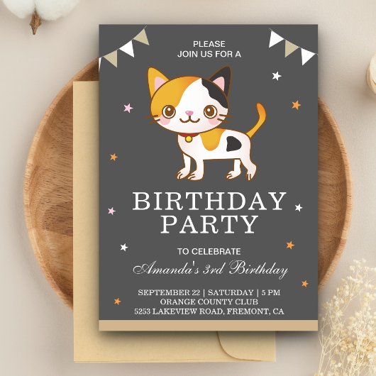 Cute Little Kitty Cat Birthday Party Invitation Kaart