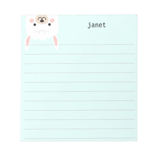 Cute Little Llama Mint Green Personalized Lined Notitieblok (Voorkant)