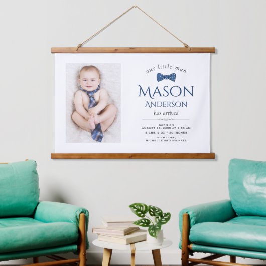 Cute Little Man | Boy Photo Birth Announcement Hangend Wandkleed (Woonkamer)