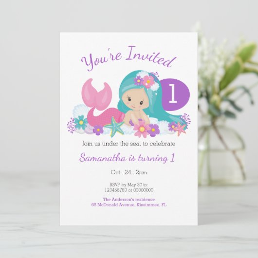 Cute Little Mermaid Birthday Party Kaart (Staand voorkant)