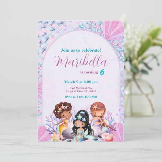 Cute Little Mermaids Under The Sea Birthday Party Kaart (Staand voorkant)