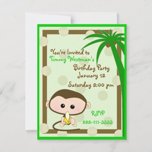 Cute Little Monkey Birthday Invitation Kaart (Voorkant)