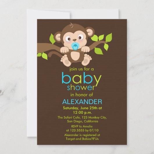 Cute Little Monkey Boy Baby shower Invitation Kaart (Voorkant)
