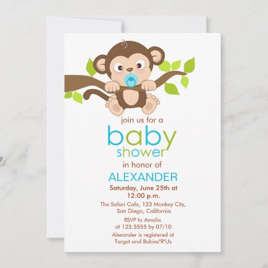 Cute Little Monkey Boy Baby shower Invitation Kaart (Voorkant)