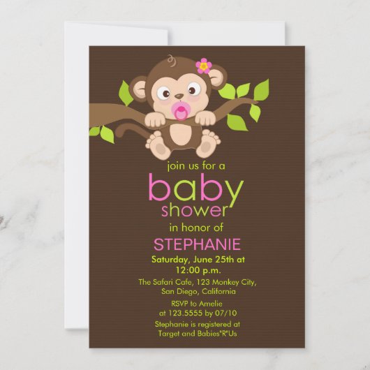 Cute Little Monkey Girl Baby shower Invitation Kaart (Voorkant)