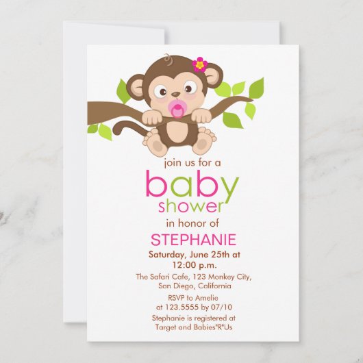 Cute Little Monkey Girl Baby shower Invitation Kaart (Voorkant)