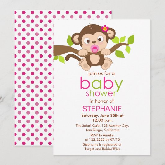 Cute Little Monkey Girl Baby shower Invitation Kaart (Voorkant / Achterkant)