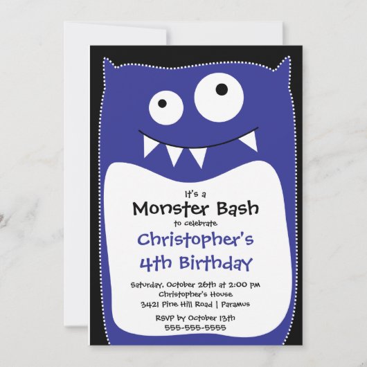 CUTE Little Monster Bash Birthday Party Blue Kaart (Voorkant)