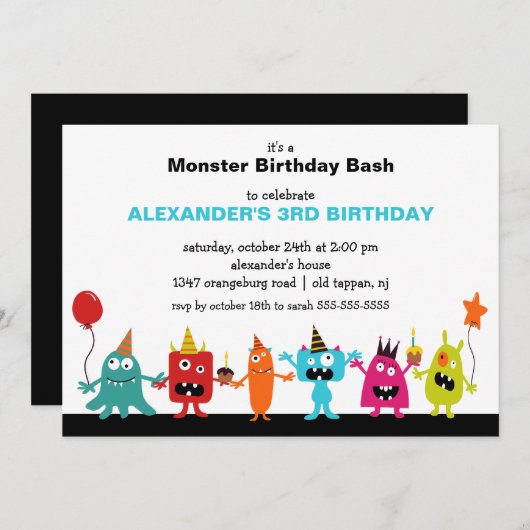 CUTE Little Monster Bash Birthday Party Kaart (Voorkant / Achterkant)