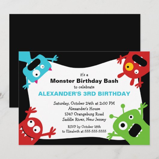 CUTE Little Monster Bash Birthday Party Kaart (Voorkant / Achterkant)