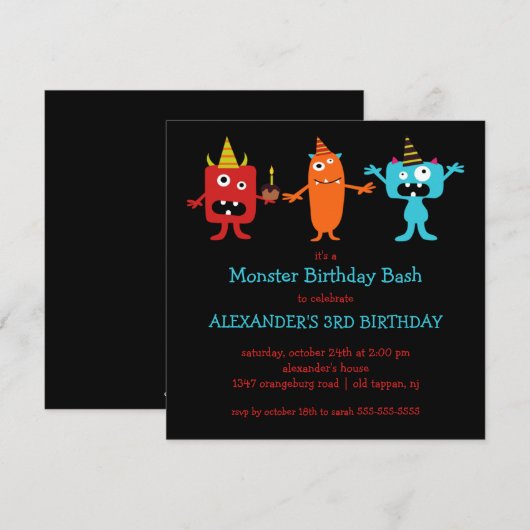 CUTE Little Monster Bash Birthday Party Kaart (Voorkant / Achterkant)