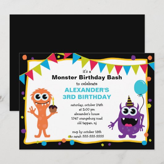 CUTE Little Monster Bash Birthday Party Kaart (Voorkant / Achterkant)