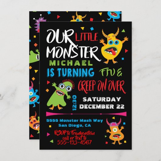 Cute Little Monster Birthday Party Kaart (Voorkant / Achterkant)