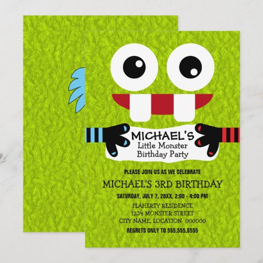 Cute Little Monster Birthday Party Kaart (Voorkant / Achterkant)