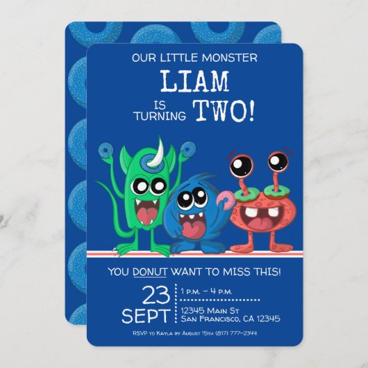 Cute Little Monster Boys Donut 2nd Birthday Kaart (Voorkant / Achterkant)