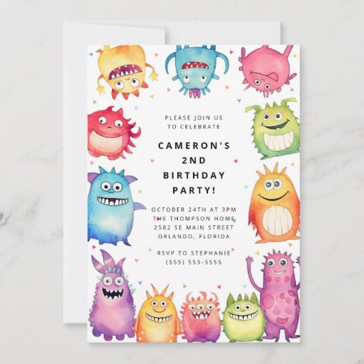 Cute Little Monster Kids Birthday Invitation Kaart (Voorkant)