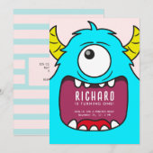 Cute Little Monster Mash Blue Thema Birthday Part Kaart (Voorkant / Achterkant)
