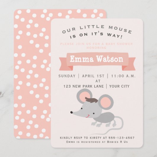 Cute Little Mouse - Baby shower Invitation Kaart (Voorkant / Achterkant)